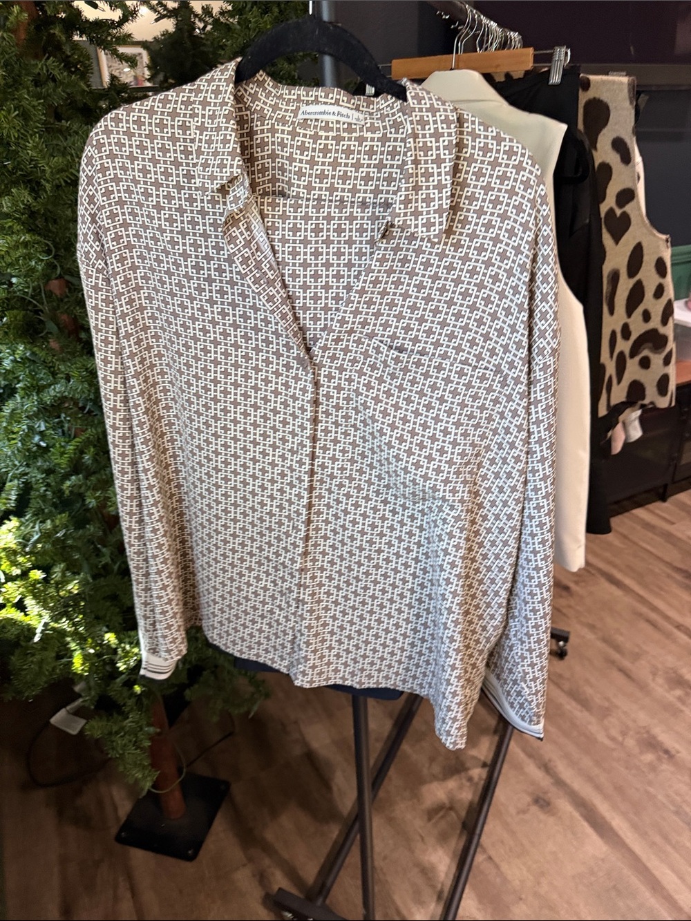 Abercrombie & Fitch Taupe and White Geometric Button-Down Shirt (matching pants)